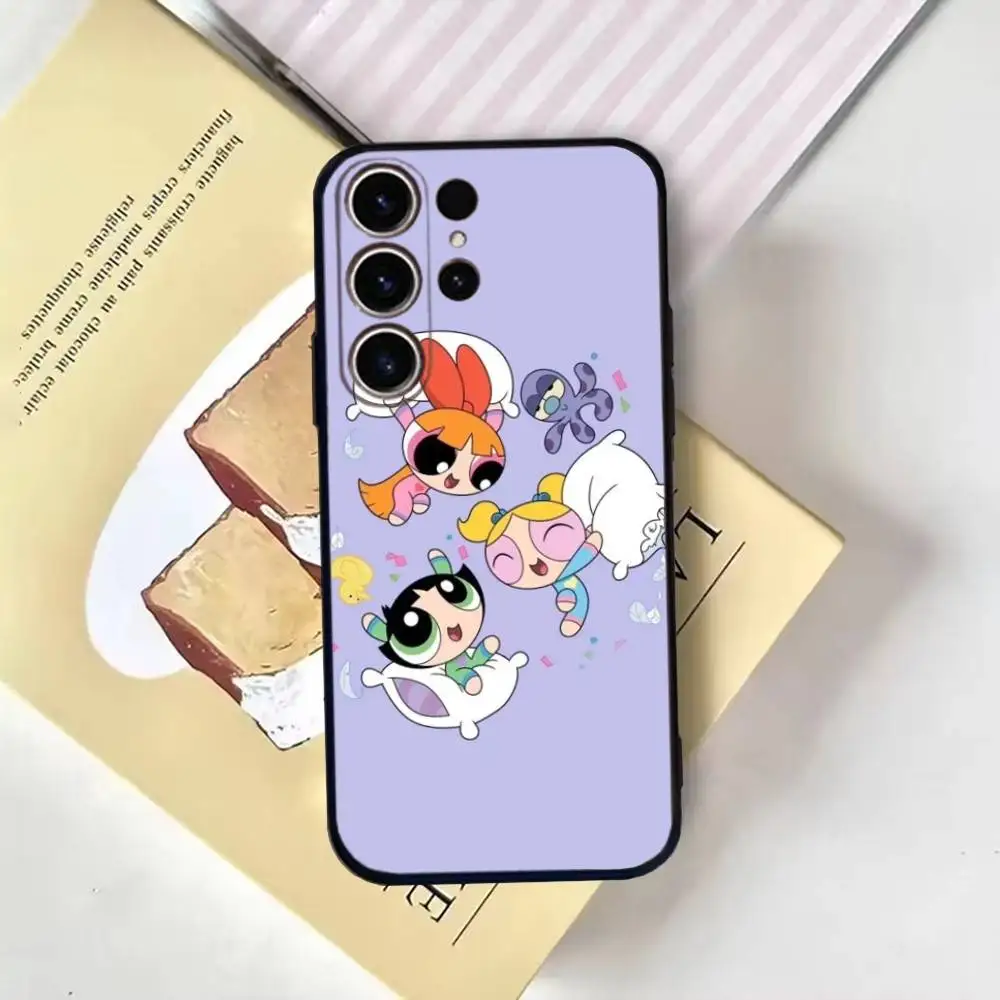 Capa de telefone para meninas Cartoon Star P-Powerpuff para SamsungS25,24,21,22,23,30, Ultra,20,Plus,Fe,Lite,Note,10,9, capa preta macia