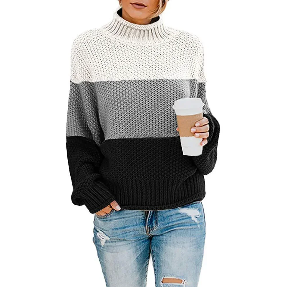 

Women's Autumn and Winter New Solid Color Casual Knitted Patchwork Sweater Spell Color Loose Turtleneck Knitted Pullover Sweater