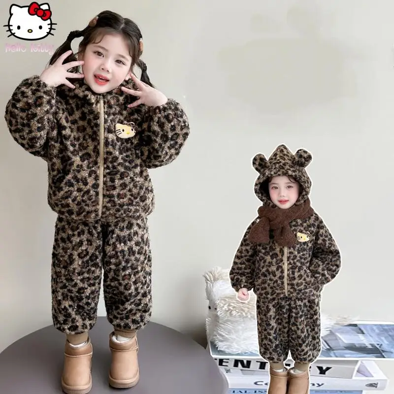 

Girls Kawaiikt Kitten Warm Hooded Leopard Print Coat Pants Suit Anime Cartoon Autumn and Winter New Thickened Tops Two Piece Set