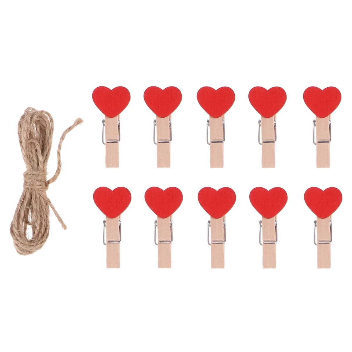 

30Pcs Heart Wooden Photo Clips Craft Paper Pegs with Rope Multi Use for Classroom Wedding Party Garland Decoration