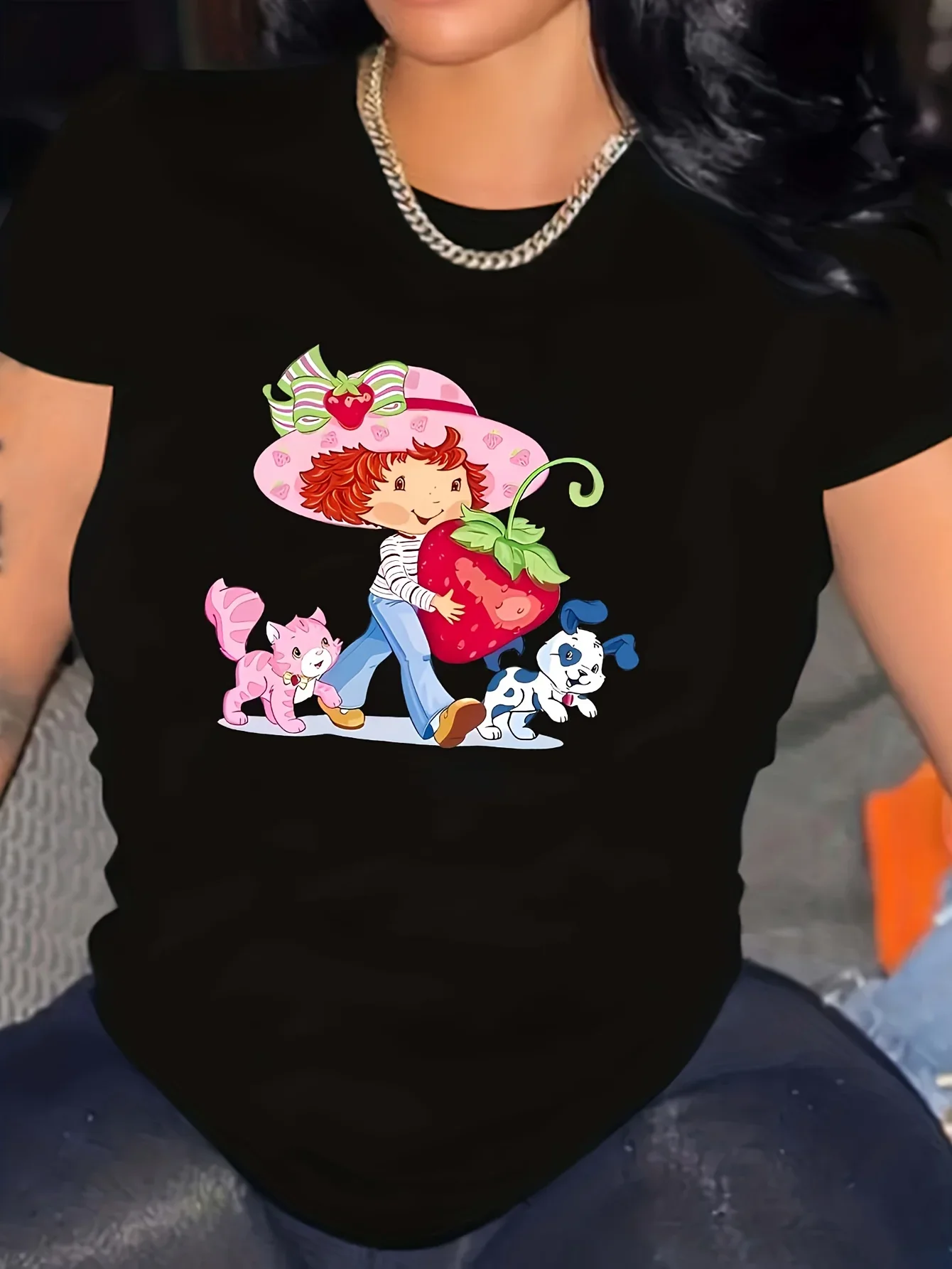 

Cartoon Figure & Strawberry Crew Neck Short Sleeves Casual T-Shirt Y2k Top Graphic Women Clothing