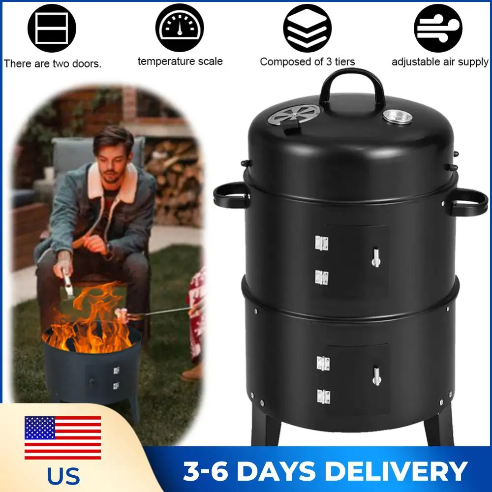 

Вертикальный угольный гриль-коптильня со встроенным термометром, круглый гриль для барбекю для приготовления на открытом воздухе и кемпинга