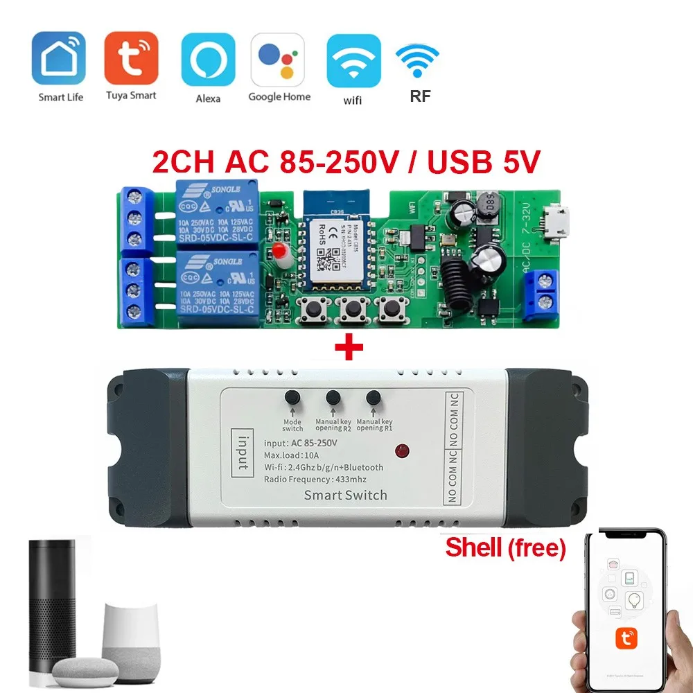 Tuya Smart Wifi Motor Switch Module 5V 12V 32V 220V RF 433 Radio Remote Control 2 Channels Inching Relay for Alexa Google Home
