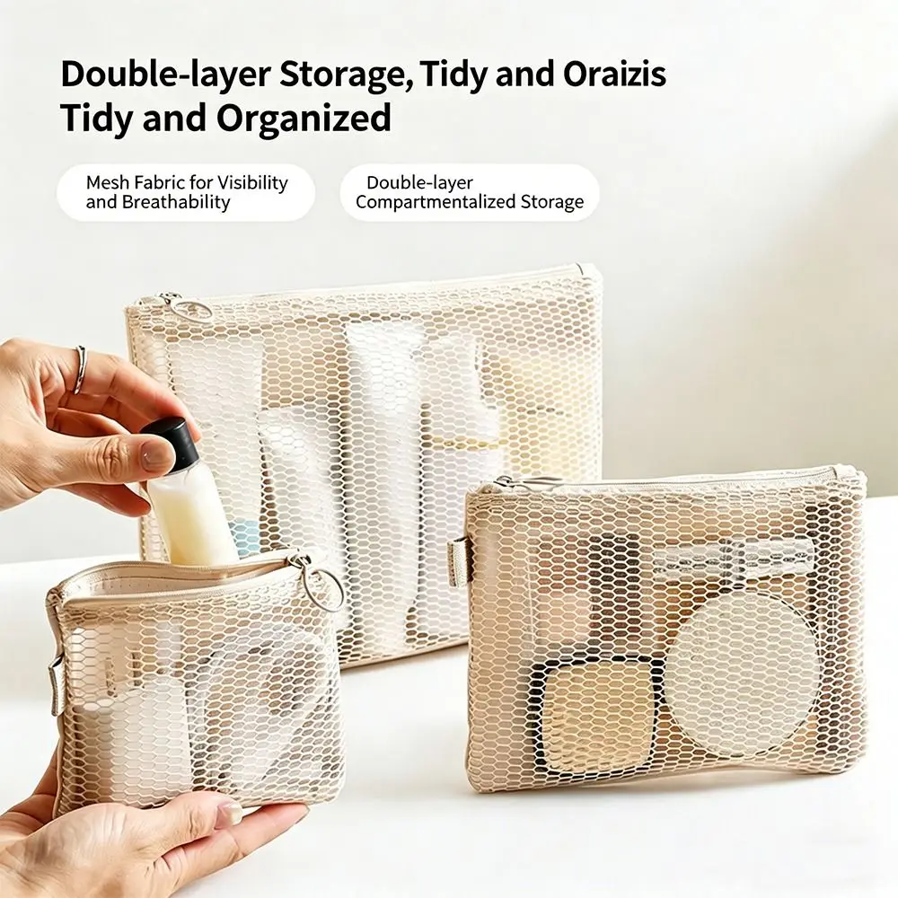 Multi-purpose Storage Bag Mesh Material Zipper Closure Mesh Storage Pouch Lightweight Design Beige Mesh Cosmetic Bag