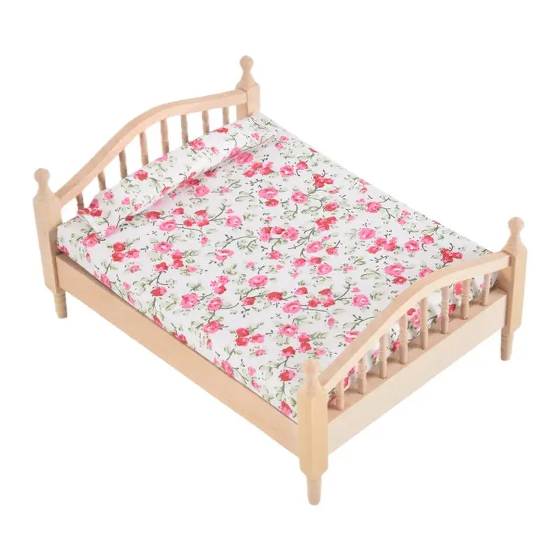 強くお勧めします 1:12 ドールハウス寝室 ミニ花柄ダブルベッド シーン家具 ドールハウスアクセサリー