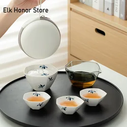 Pure Hand Painted Butterfly Orchid Heptagonal Tea Set Kit Japanese Tea Tools Set 1 Pot 3 Cups Tea Maker Portable Organizer Bag