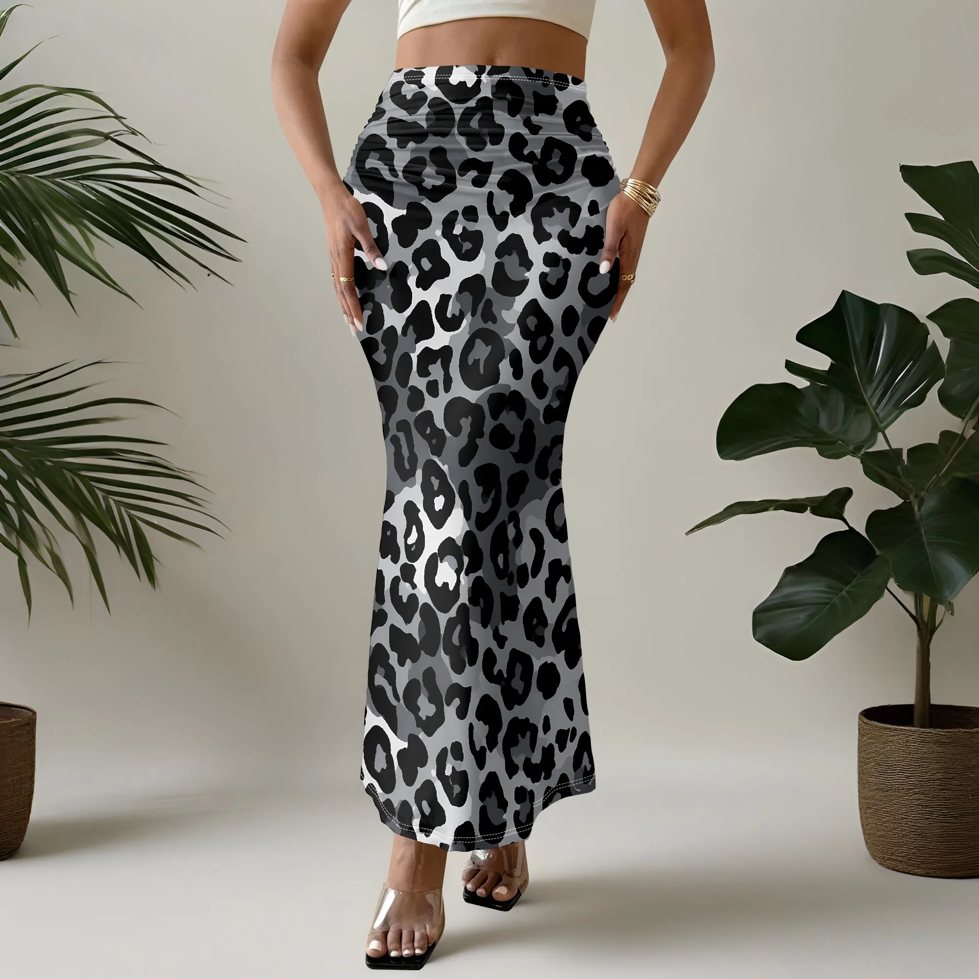 Black Leopard Print Maxi Skirt, High Waist Mermaid Skirt, Elastic Bodycon Long Skirt, Women's Party Clubwear, S-3XL