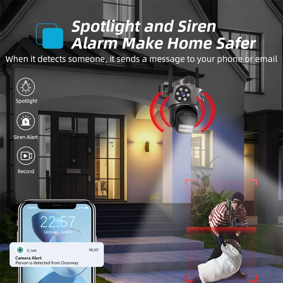 3-lens 8MP3 screen PTZ 360-degree smart wifi HD camera, day and night full color security protection Video IP Camera