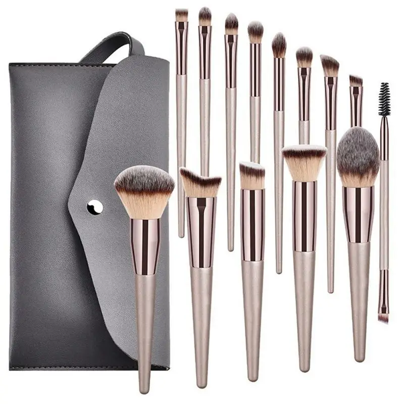 A84G-14 Pcs High Quality Soft Hair Wooden Handle Loose Powder Blush Complete Makeup Tool Set