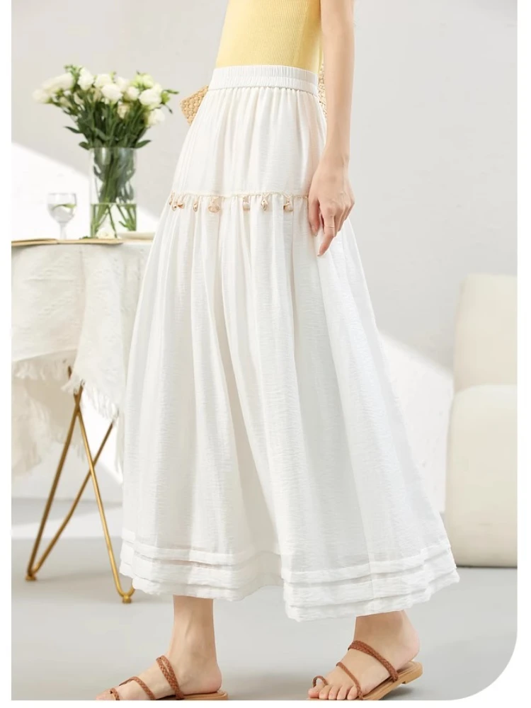VIMLY Midi Skirts Women's Summer Bohemian 2025 Summer Bohemian Shell Woven White Loose Casual Bud Skirt Woman Clothing A1893
