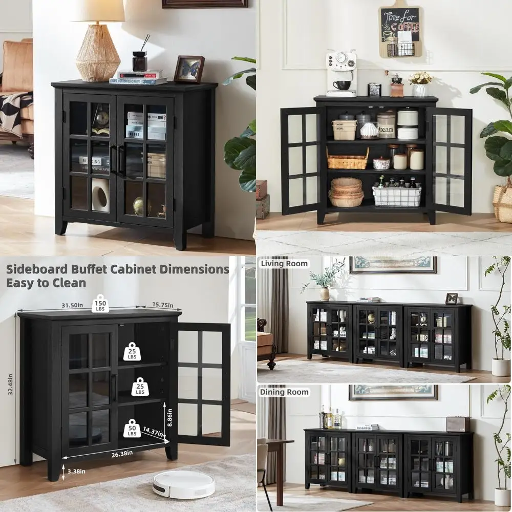 Farmhouse Style Large Storage Sideboard Buffet Cabinet with Glass Doors, Coffee and Wine Serving Bar, Mid Century Modern Wood De