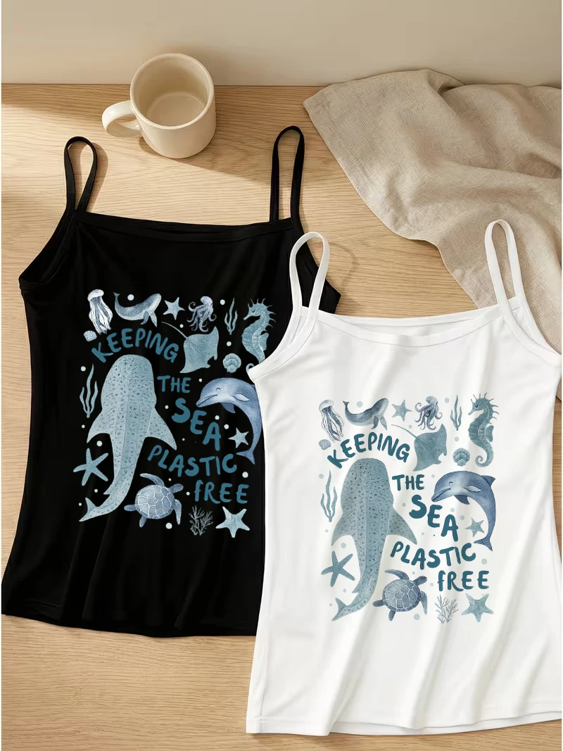 Keeping Sea Plastic Free Camisole Women Summer Ocean Animal Graphic Tank Top Casual Sleeveless Vest For Beach Eco Friendly