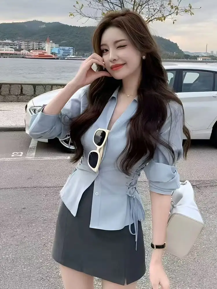 เสื้อเชิ้ตแขนยาวผู้หญิง ผ้าฝ้าย แต่งลูกไม้ ติดกระดุม ทรงหลวม คอปกพับ สไตล์เกาหลี ผู้หญิง น่ารัก สดใส วัยรุ่น ฤดูใบไม้ผลิ ใส่ทำงาน