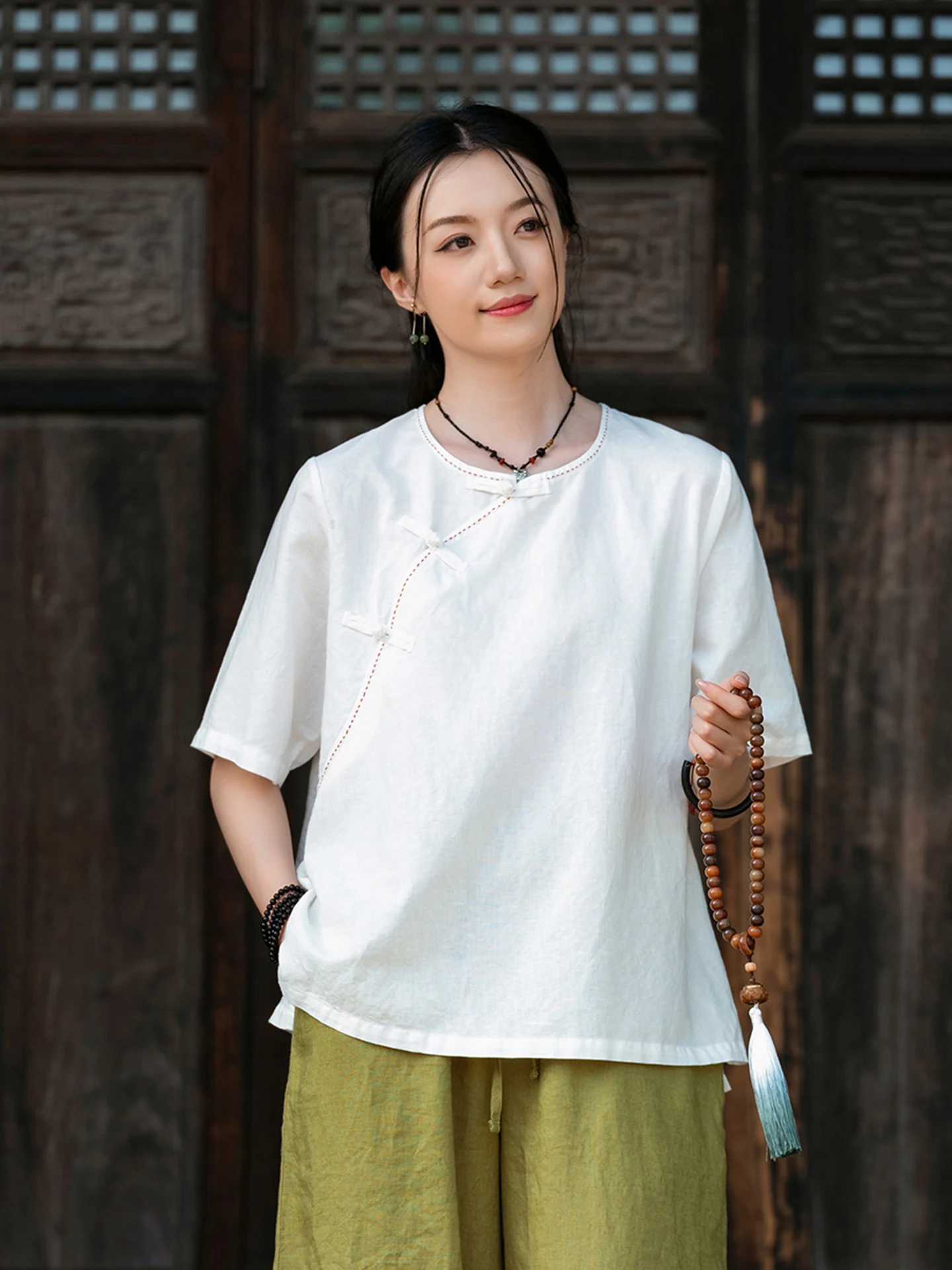Bohemian Style Women's Cotton Linen Short Sleeve T-Shirt Button Front New Chinese Style Artistic Retro Summer Fashion Top