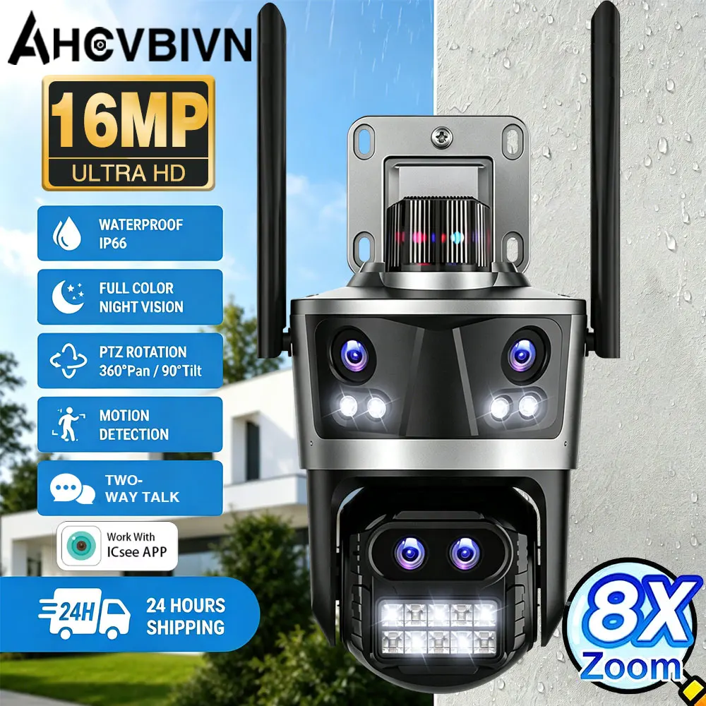 16MP WiFi Security Camera 4 Lens 4 Screen 360° PTZ 8X Zoom Waterproof Home Surveillance CCTV Outdoor Street Video Camera