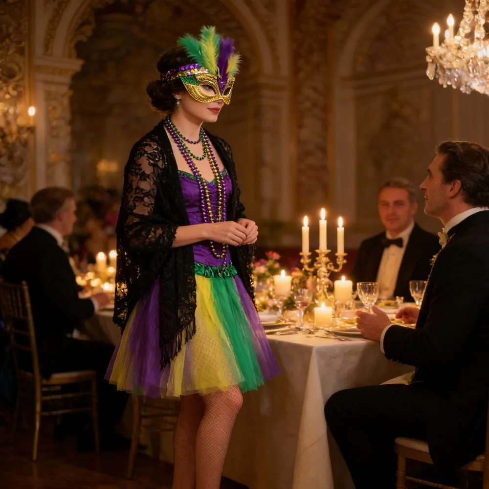 

Яркая карнавальная маска фиолетово-желто-зеленого цвета | 3-цветный шарф с повязкой на голову | Праздничная бальная вечеринка Essential