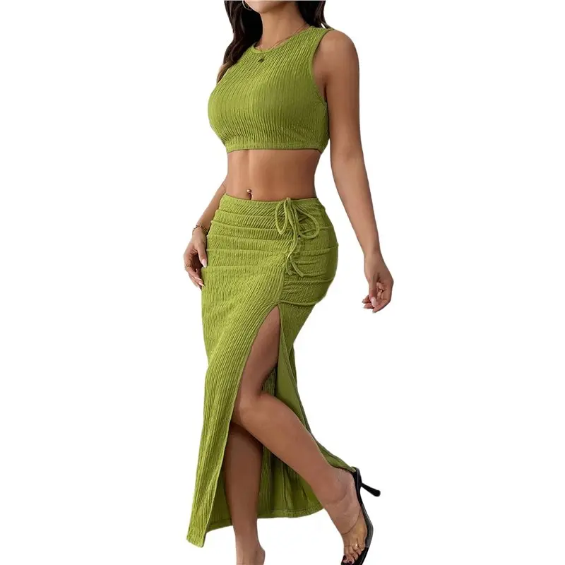 

CYL-Women's 2 Pieces Outfit Textured Halter Crop Top And Twist Front Split Thigh Maxi Skirt Set Green M