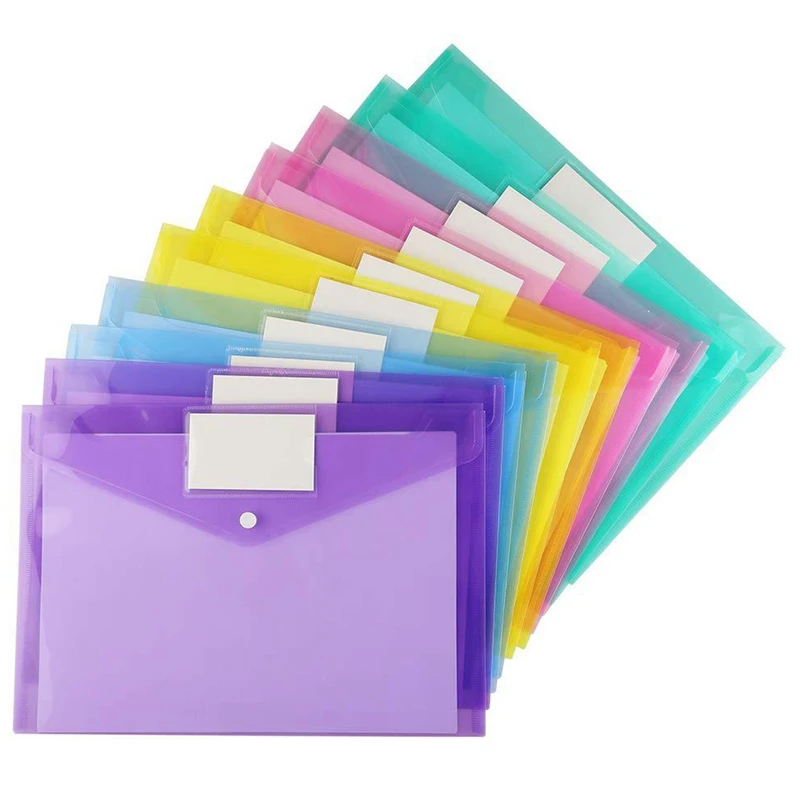 12Pcs Multi File Envelope PVC Snap Button File Bag A4 Plastic With Business Card Holder File Bag