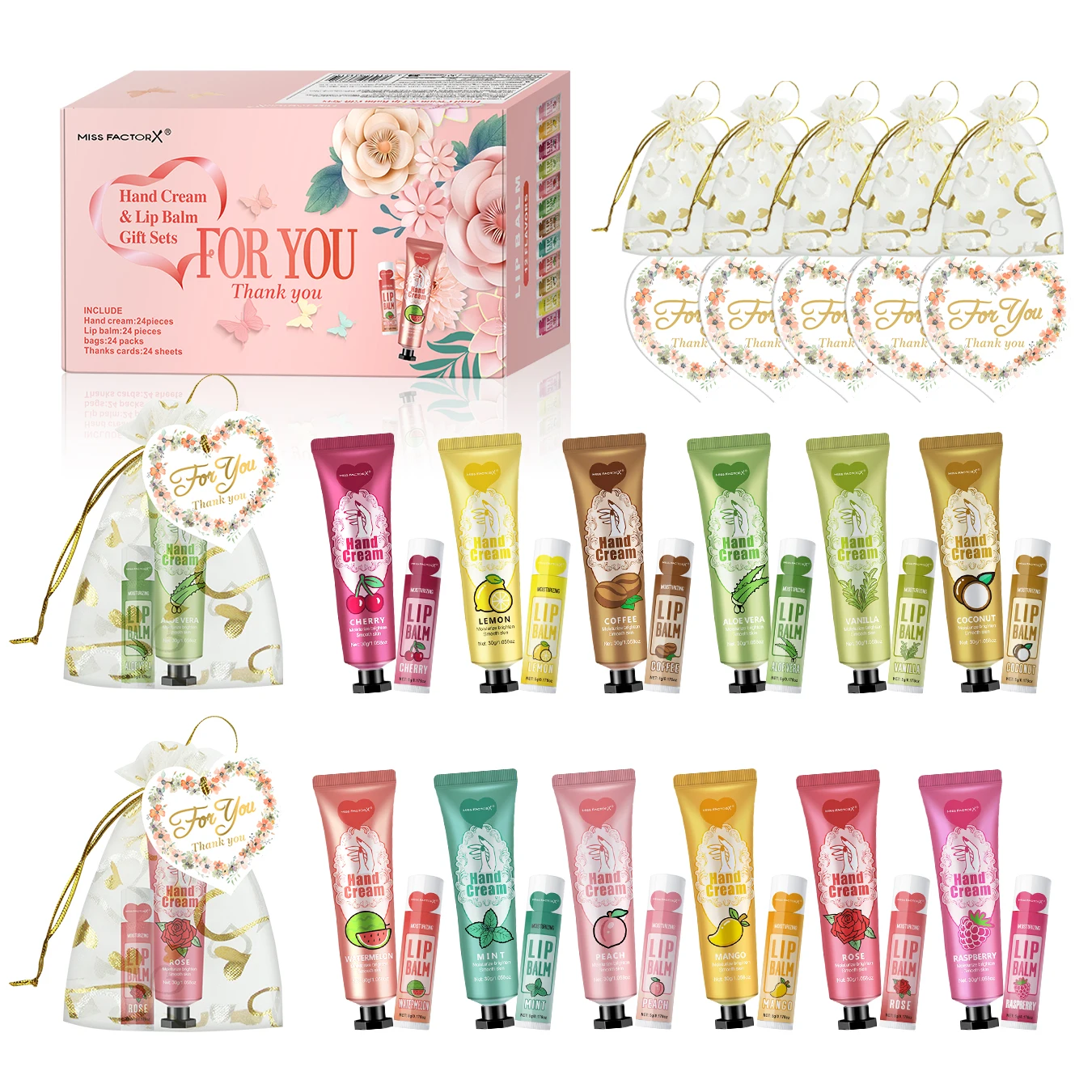 24 Hand gift Hand cream and lip balm set Friends Party Gift with love net bag and thank you card Holiday gift