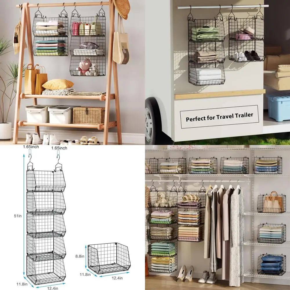 

5-уровневый подвесной органайзер для шкафа с 4 крючками и 5 S-образными крючками, проволочные контейнеры для хранения одежды, обуви, аксессуаров