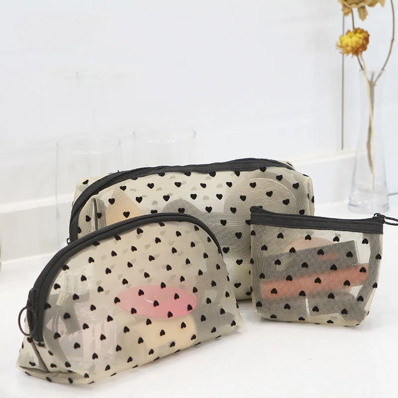 Heart Women Men Necessary Cosmetic Bag Transparent Travel Organizer Fashion Small Large Mesh Toiletry Bags Makeup Pouch