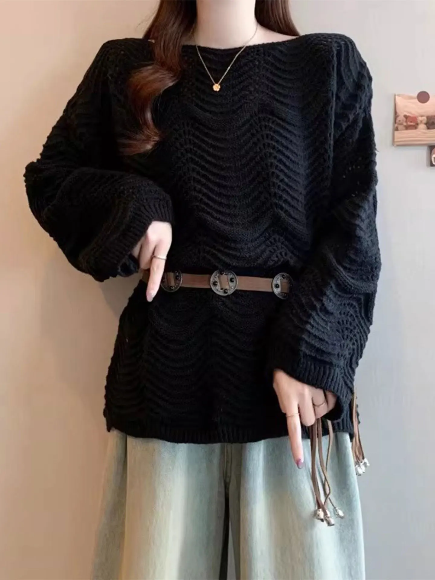 

Bla Hollow out Knitted Top Spring 2026 Loose Women's Faion Thin Sweater Casual Sle Large Size Comfortable Lazy Sle