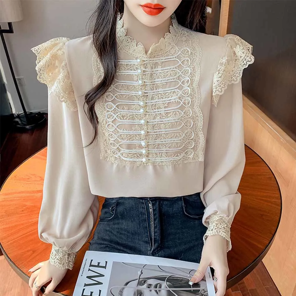 Vintage Palace Style Lace Stitching Blouse Women Autumn Beading Long Sleeve Loose Chiffon Shirt Stand Collar Ruffles Top