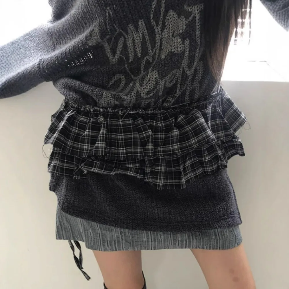 ชุดฮิปฮอปสไตล์เกาหลี Y2K กระโปรงลายสก็อต เสื้อต่อผ้า ผ้าพันคอหวานแบบผูกเชือก ขอบเอวแต่งระบาย