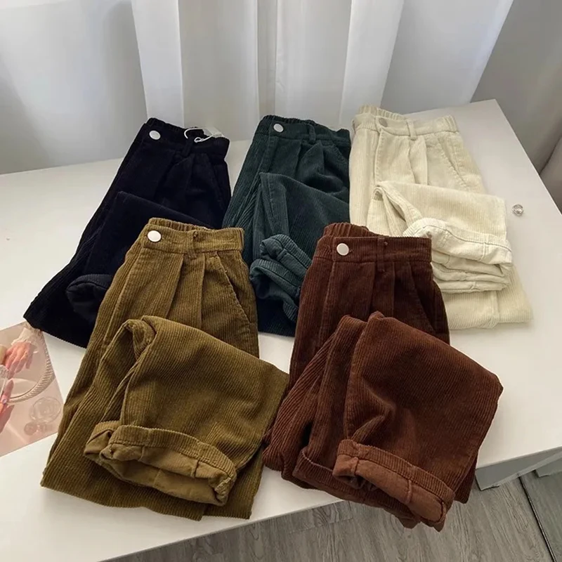 Retro high waisted corduroy pants for women's spring and autumn straight leg casual pants, Korean fashion loose full pants