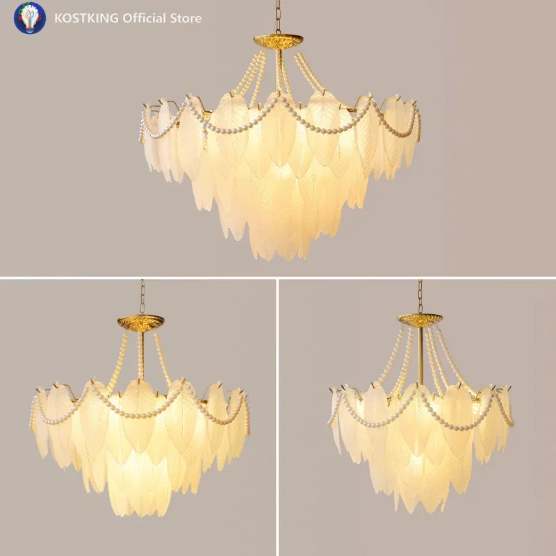 Pearl Crystal Luxury Leaf  Chandelier Creative Modern Light Fixture Long Warm Hanging Living Room Kitchen Lsland Lndoor LED