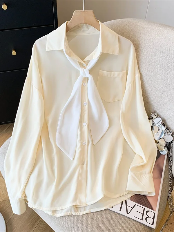 

Повседневная женская блузка с длинным рукавом, большого размера, с завязками, из шифона, свободного кроя, стандартной длины, на одной пуговице, весенняя коллекция