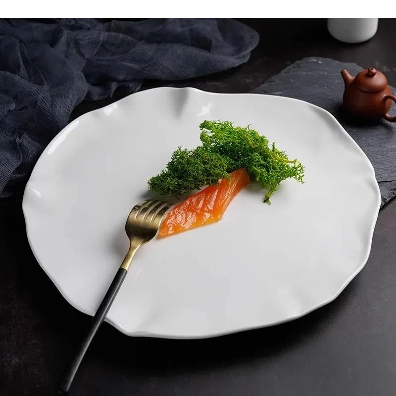 

Pure White Irregular Ceramic Shallow Plate Restaurant Steak Dessert Dish Pasta Molecular Cuisine Specialty Tableware