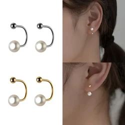 Stainless Steel Screw Bead Pearl Small Hoop Earrings Huggie Hoops Arc Earring for Women Girls Jewelry