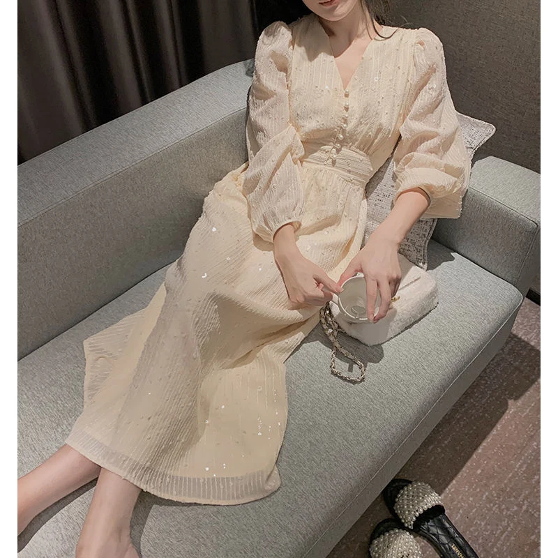 Women French Vintage Sequins Beaded Chic Elegant Party Dresses Autumn Fashion V Neck Long Sleeve Slim Fairy Midi Dress Vestidos