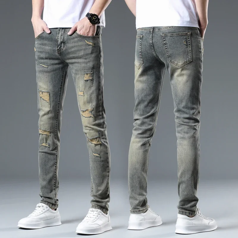 

Винтажные джинсы 2025 года, узкие мужские потертые джинсовые брюки, лоскутные рваные джинсы в стиле хип-хоп для мужчин, мотоциклетные брюки полной длины