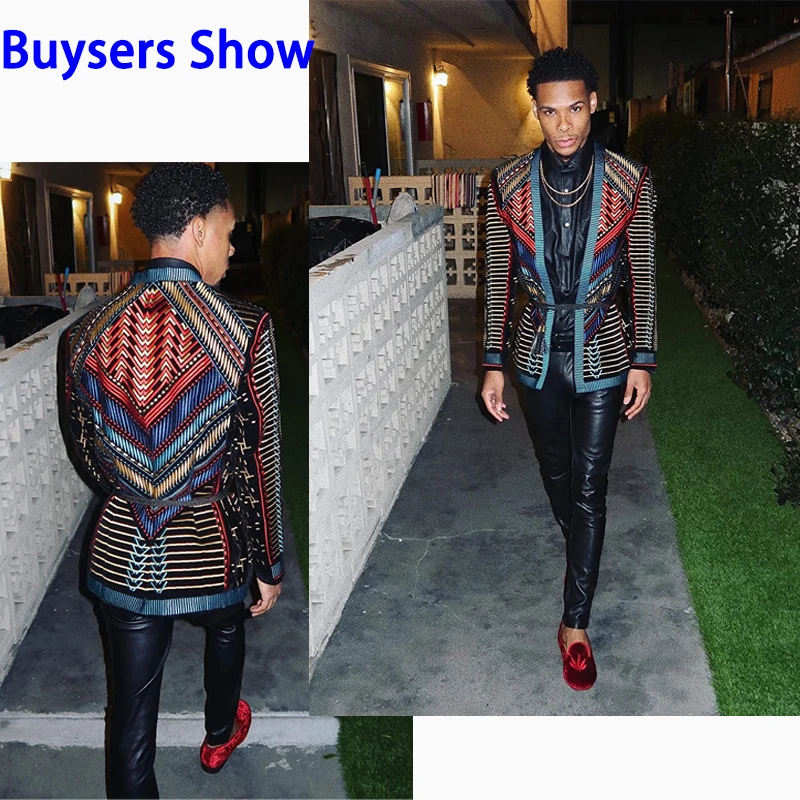 Vintage Colorful Embroidery Suit Jacket Blazer Men Velveteen Jacket Ethnic Style Striped Singer Stage Costume Casual Cardigan