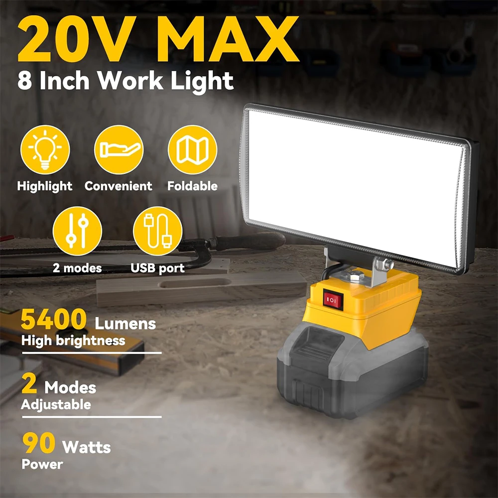 

90W Portable High Brightness LED Work Light 8 inches Cordless Battery Light For Dewalt For Miwaulkee Spotlights USB/TYPE-C