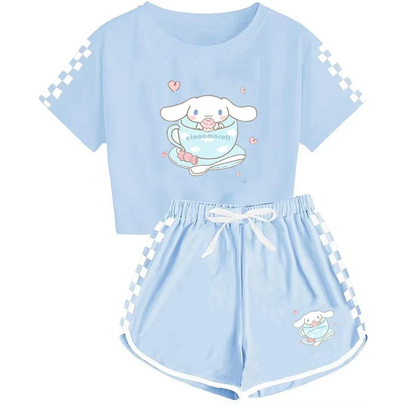 

Sanrio My Melody Children Sports Suit Cute Cinnamoroll Cartoon Fallow Sportswear T-Shirt Shorts Set Kids Fashionable Beach Wear