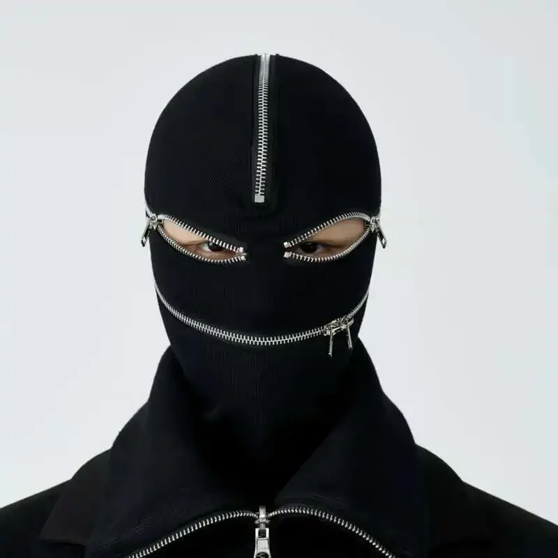 Masker Penutup Kepala Wanita Ritsleting Gelap Pria Serbaguna Hitam Putih Gelap Musim Semi Musim Gugur Masker Penutup Kepala Wanita Punk Techwear Fashion Gotik