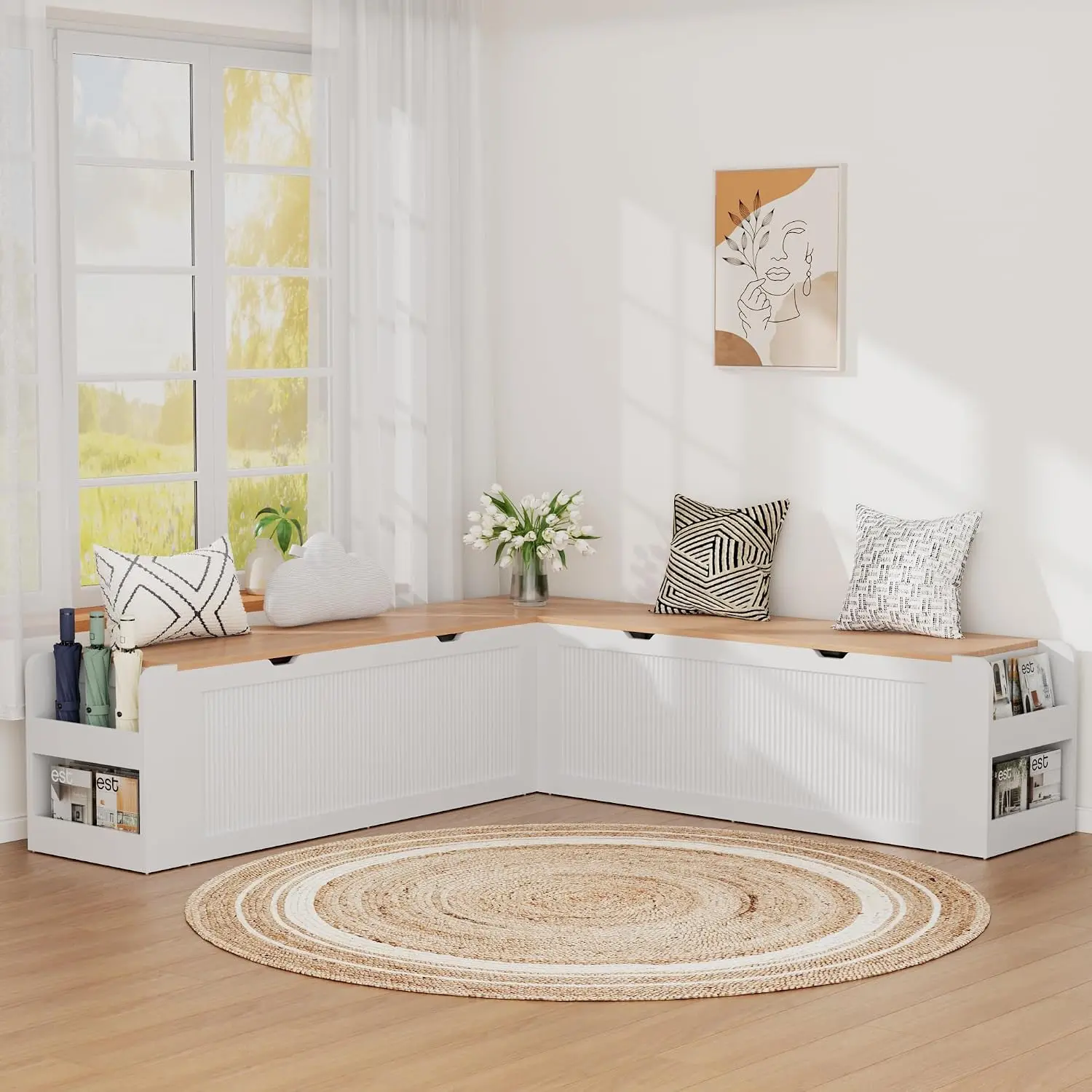 L Shaped Storage Bench, Modular Backless Corner Dining Bench with Flip Top Seat, Side Storage Racks for Kitchen and Entryway