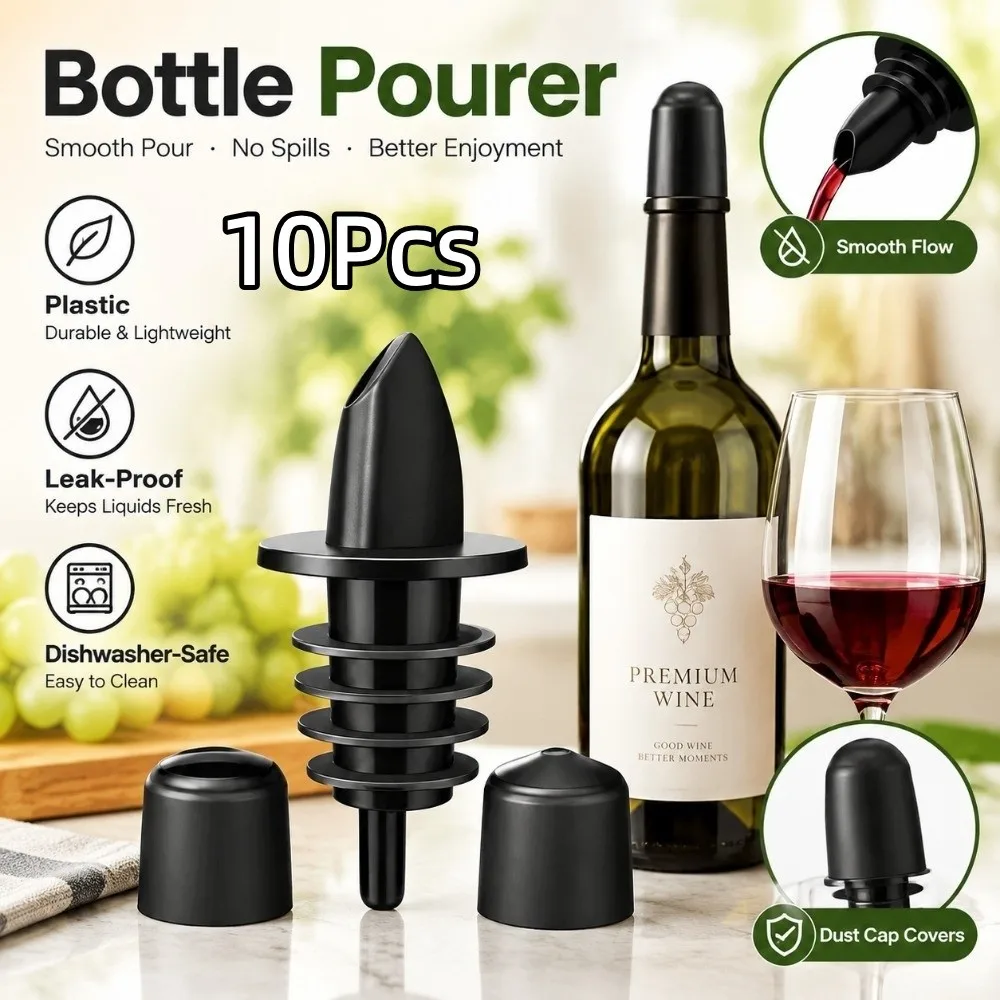 10Pcs Plastic Precise Liquor Pour Spout Black Dust Cap Covers Bottle Pourer Dishwasher-Safe Leak-Proof Flow Pourer Clubs