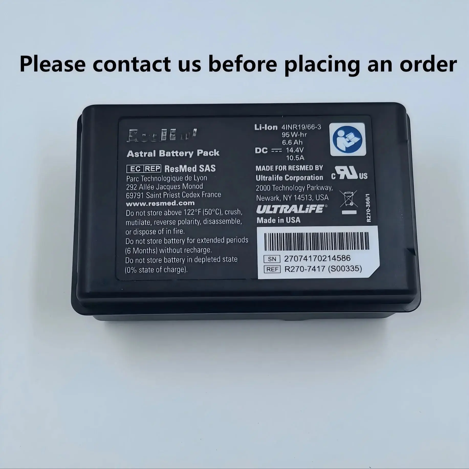 

Аккумулятор для респиратора Resmed Stellar 100 150 ASTRALL R270-7417(S00335) 2707410214586 4INR19/66-3 6.6ah 14.4v