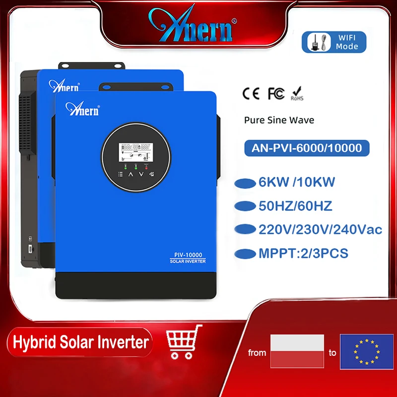 Anern 220V 6KW/ 10KW Hybrid Solar Inverter No need Battery Off-grid Build-in MPPT for water pump Pure Sine Wave Solar Inversor