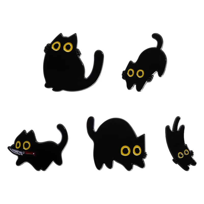 Broche de gatito negro de dibujos animados, alfileres de esmalte personalizados, broches de gato lindo divertido, insignias de solapa de camisa,