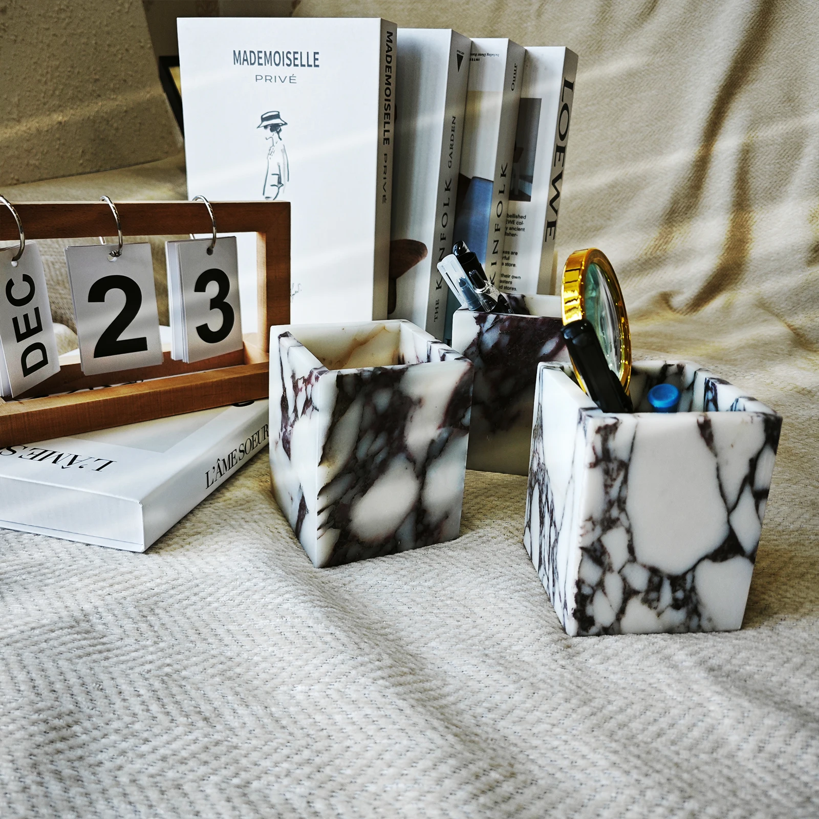 حامل أقلام رصاص من الرخام الطبيعي، منظم مكتب بطبقة مزدوجة، تخزين مستلزمات المكتب، قرطاسية لسطح المكتب، حامل فرشاة المكياج