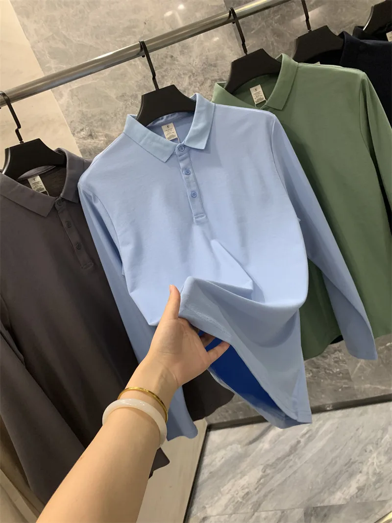 Fashionable Long Sleeve  Shirt for Men Light Business Cotton Blend Double Pearl Fabric T-Shirt Casual Style Turn-down Collar