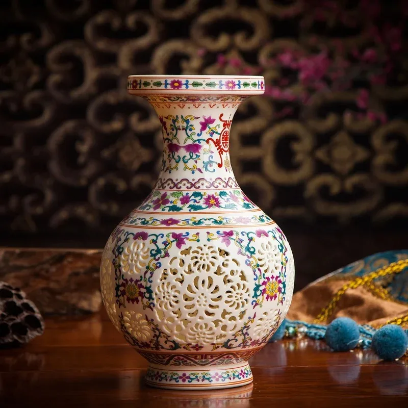 アンティーク景徳鎮手工芸陶器花瓶-中国風透かし彫り花瓶-結婚祝い-ホームデコレーション-工芸品