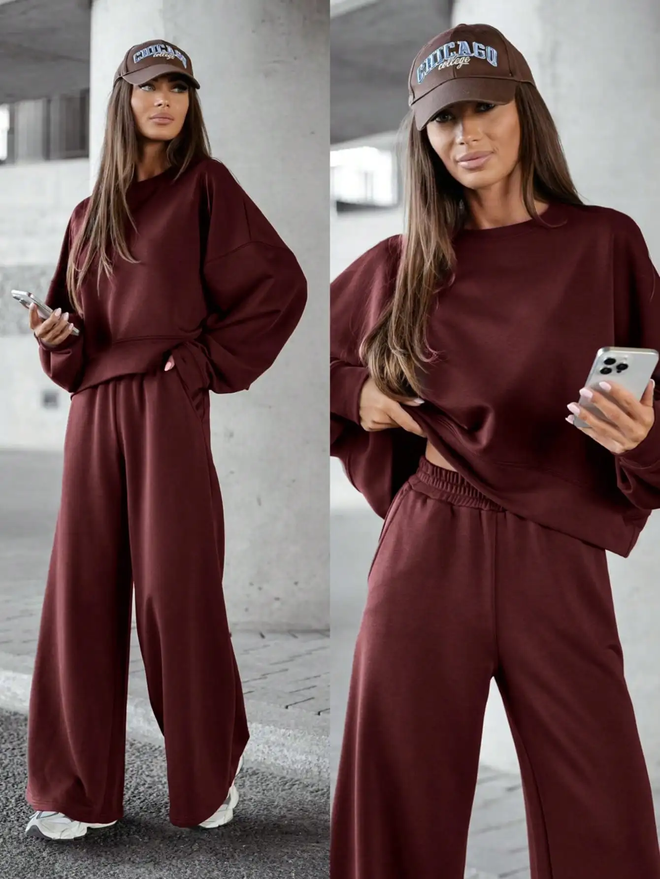 

Women's Burgundy Oversized Long Sleeve Top & Wide Leg Pants Set for Casual Autumn Wear