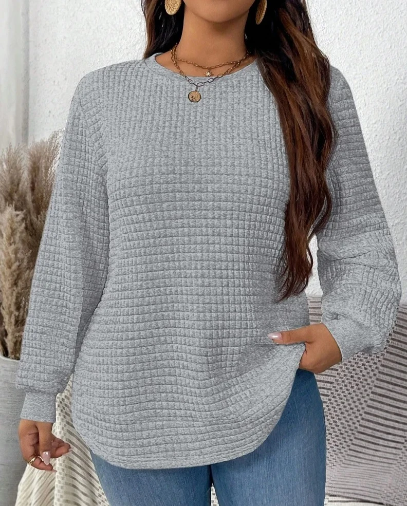 

Women's Spring And Winter Fashion Casual Solid Color Checkered Pullover Sweatshirt Suitable Commuting Travel