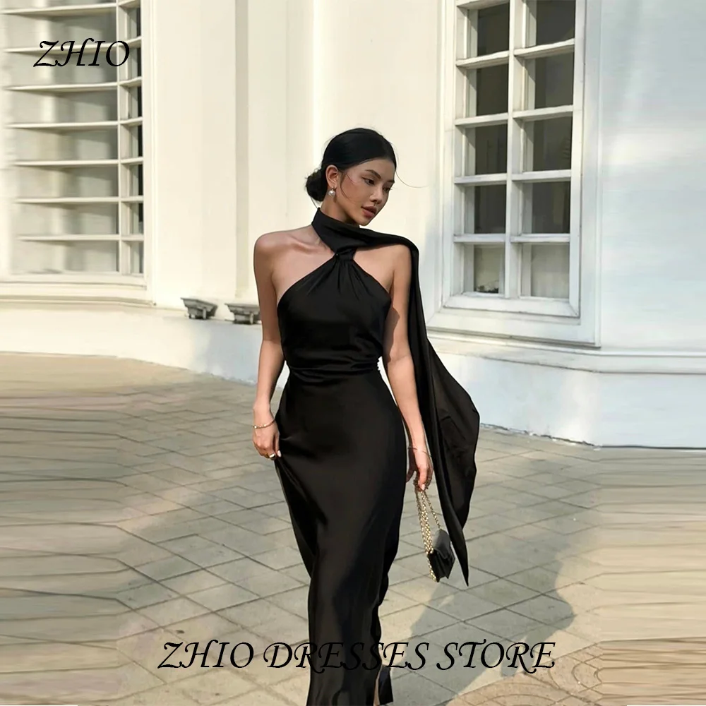 

ZHIO Elegant Slim Shoulders Bare Backless Satin Dress Suspender Neck Wedding Guest Dress Black Long Evening Dress Customized